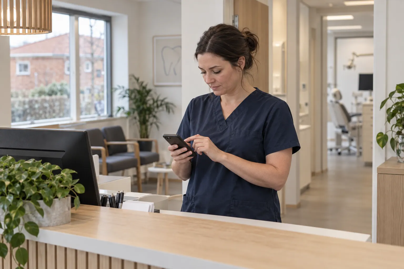 Klinikmedarbejder ved skranken slår noget op på sin telefon